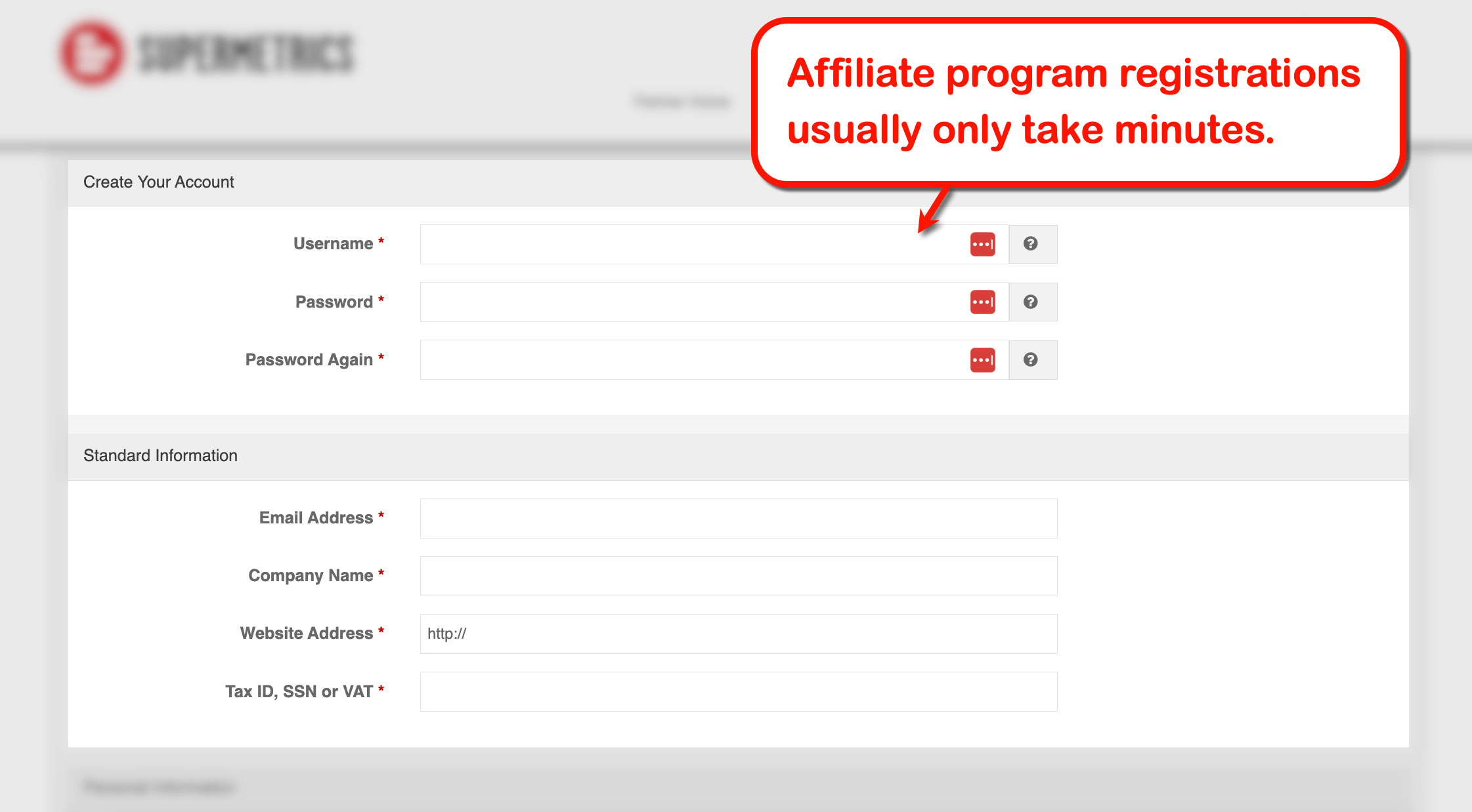 Affiliate program registration through Supermetrics.