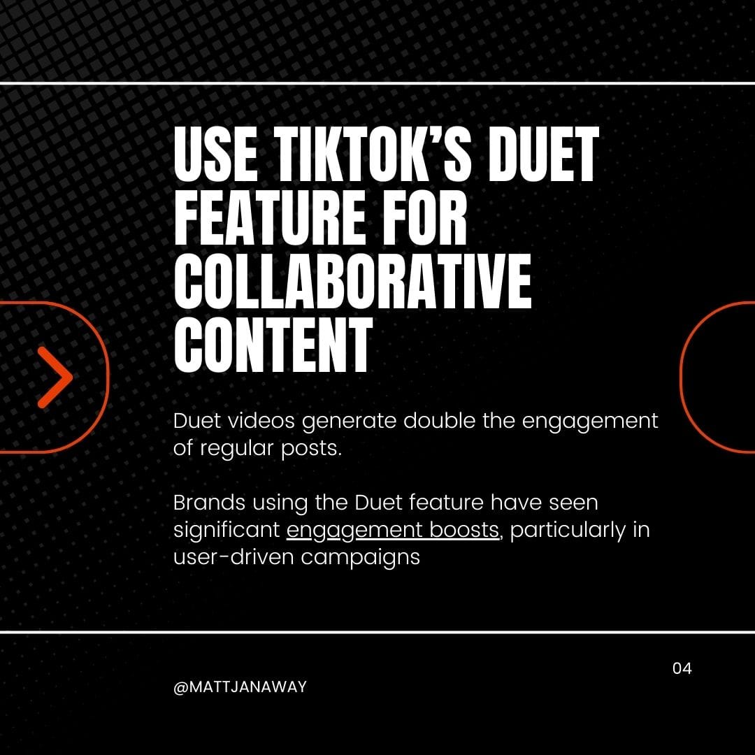 Slide promoting TikTok's Duet feature for content collaboration, which doubles the engagement of regular posts