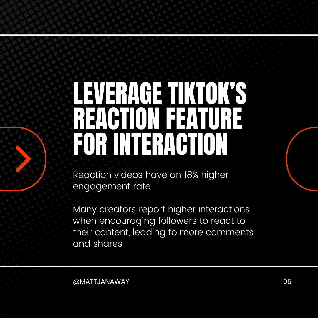 Slide discussing the benefits of using TikTok's Reaction feature, noting an 18% higher engagement rate for reaction videos.