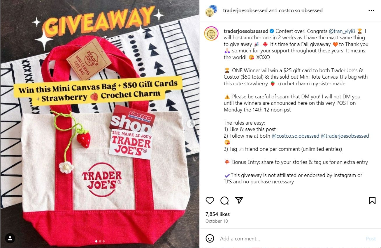 Example of an ongoing instagram giveaway that encourage users to interact with their instagram posts.