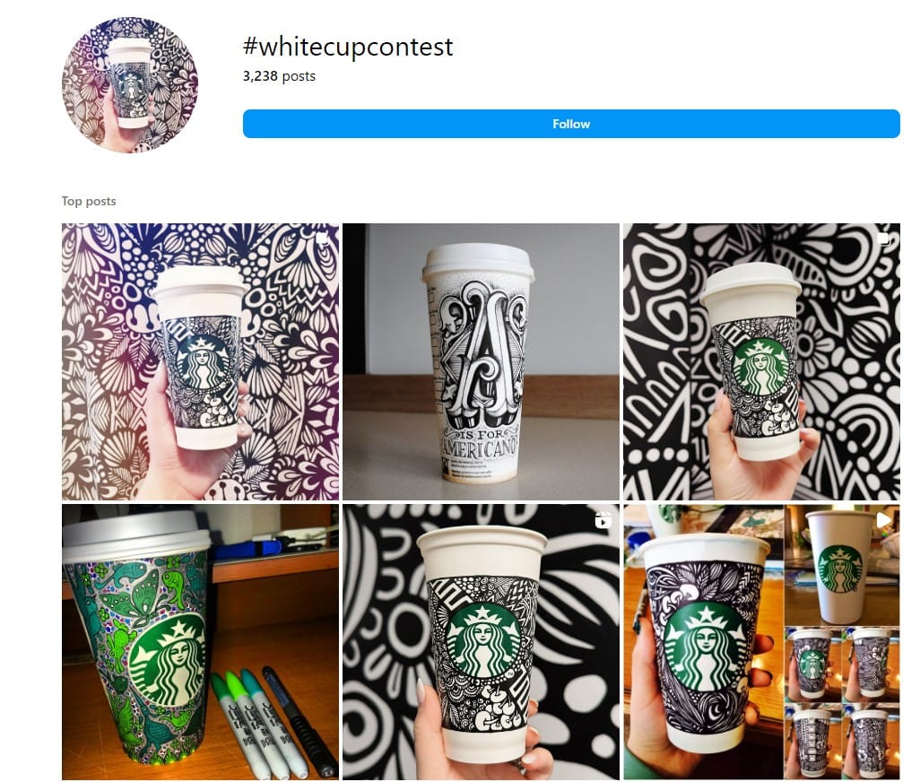 Creative user-generated Instagram content for Starbucks' #whitecupcontest, boosting engagement among loyal customers through unique designs